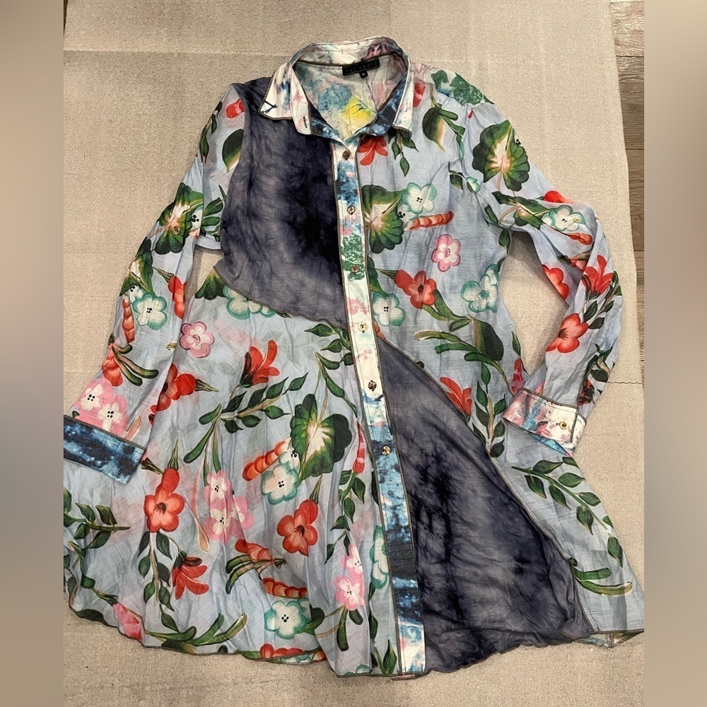 [XL/PTP22”]Funsport Floral Button Hip Shirt Blue Mixed Fabric Multicoloured